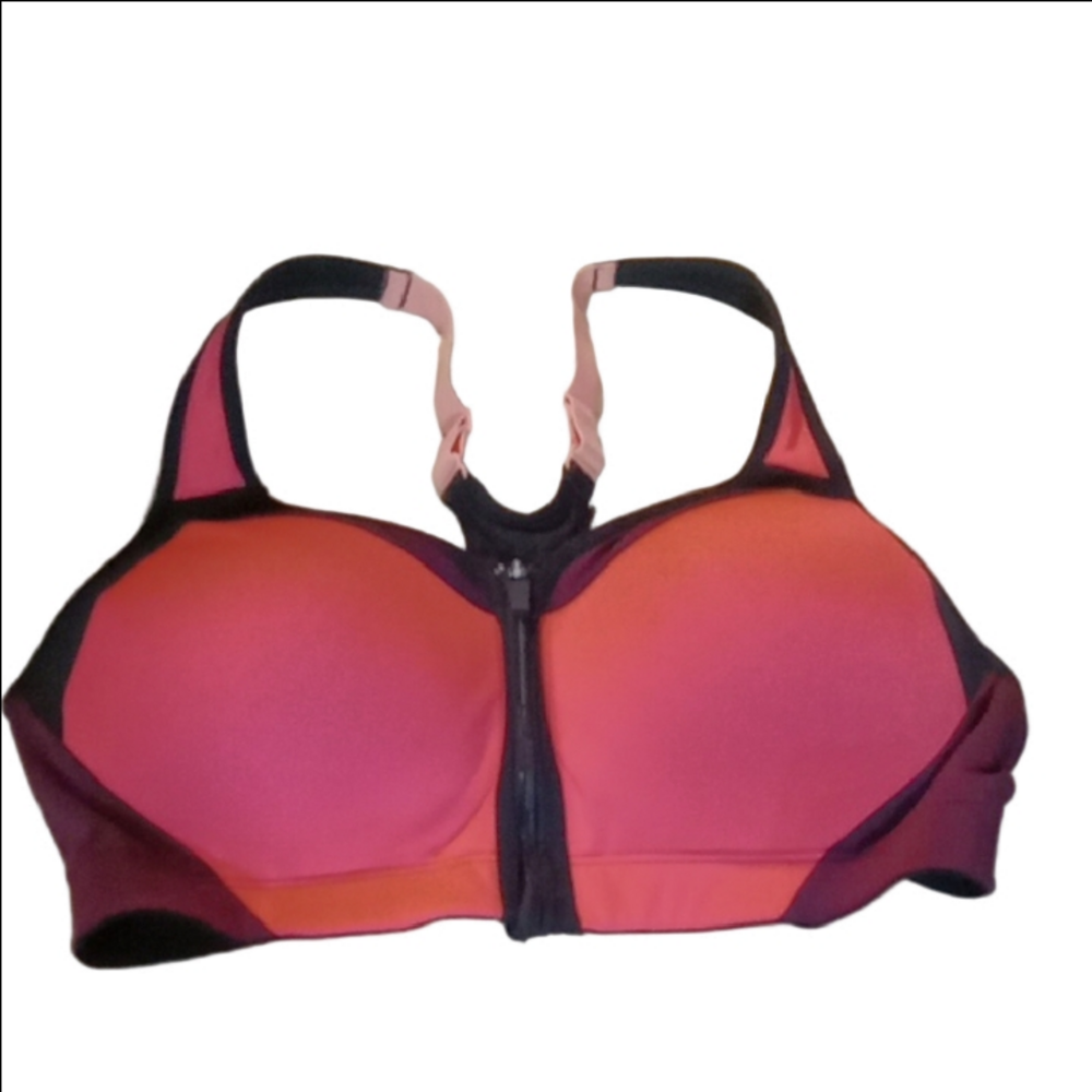 (195) Champion Pink, Black & Plum, Front Zipper Closure Sports Bra